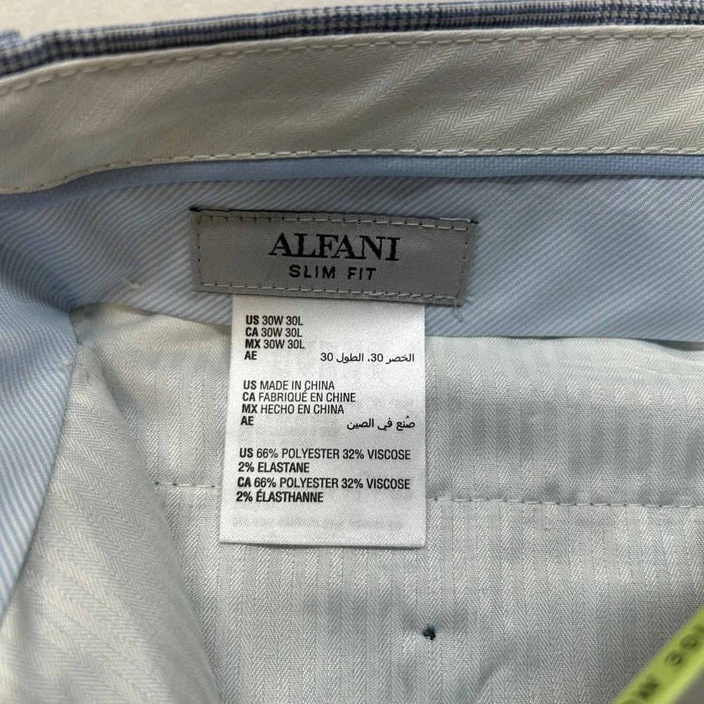 Alfani Slim Fit Dress Pants Mens 30x30 Light Blue Plaid‎ Stretch NEW